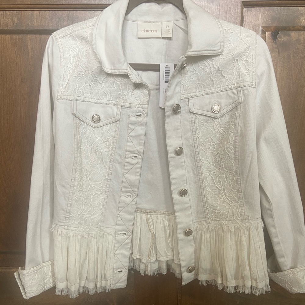 Chico’s White Peplum Denim Jacket Size 0